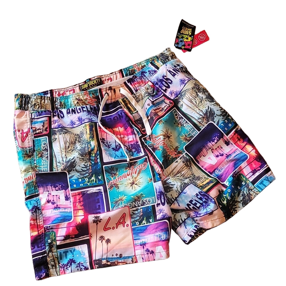 Surf Society LA Graphic Swim Trunks Multicolor Palm Beach Shorts SIZE XL